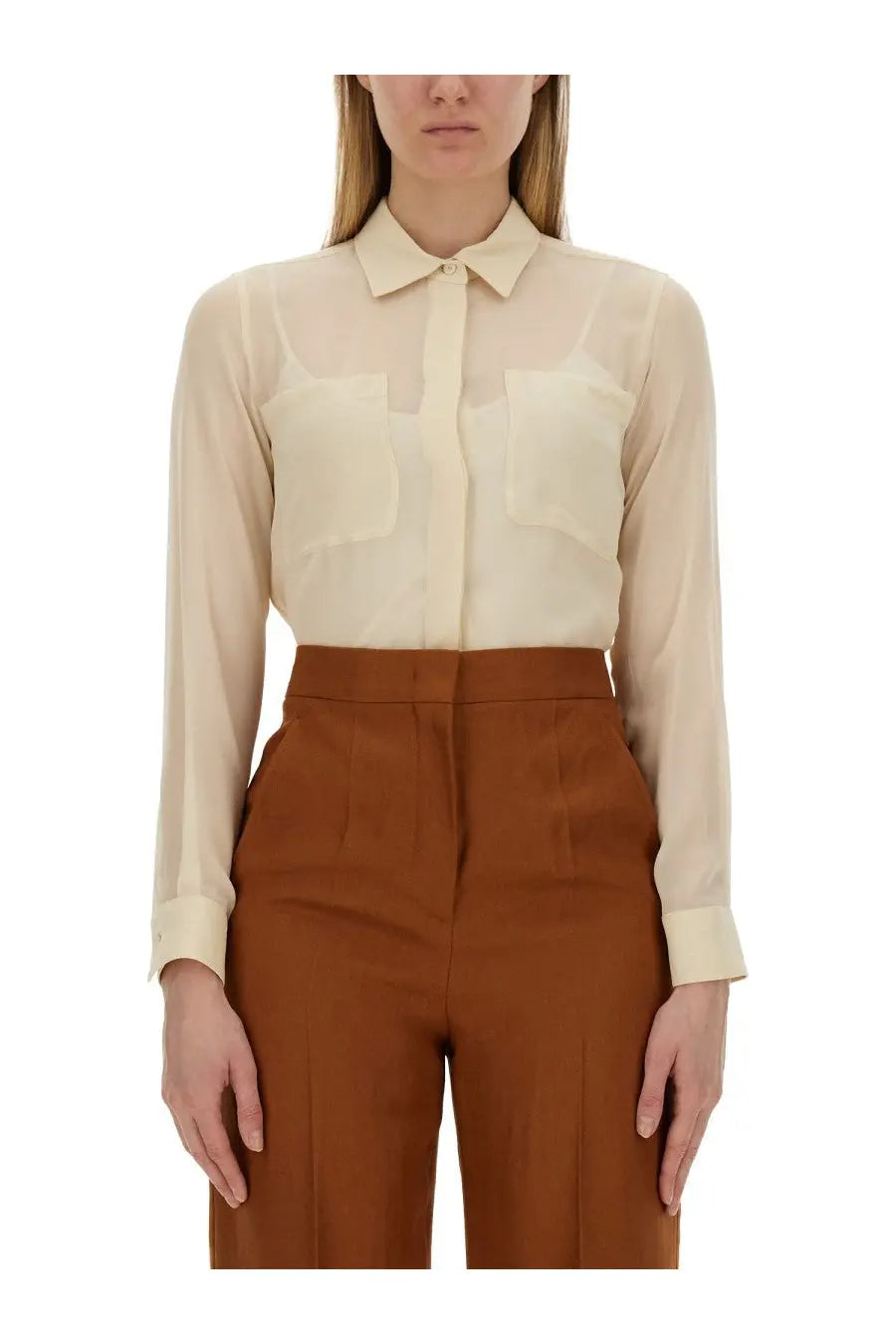 Max Mara women’s summer clam white sheer cream-colored silk blouse with classic collar and two front patch pockets