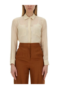 Max Mara women’s summer clam white sheer cream-colored silk blouse with classic collar and two front patch pockets