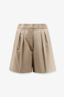 Beige pleated max mara women’s tabacco stretch cotton shorts with tailored waistband and structured folds