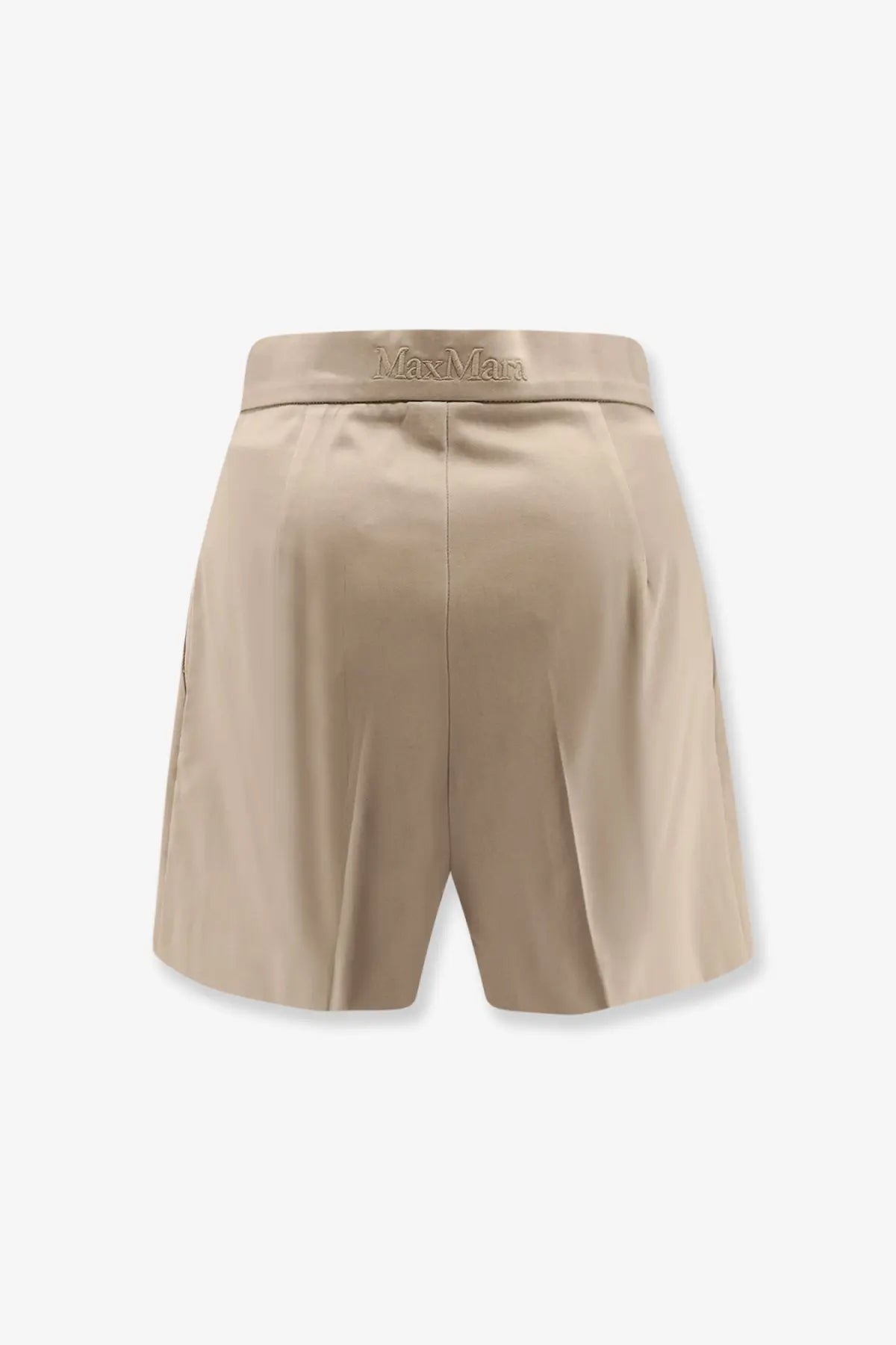 Beige pleated satin finish shorts with gold max mara logo embroidered on waistband from max mara women’s collection