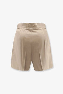 Beige pleated satin finish shorts with gold max mara logo embroidered on waistband from max mara women’s collection