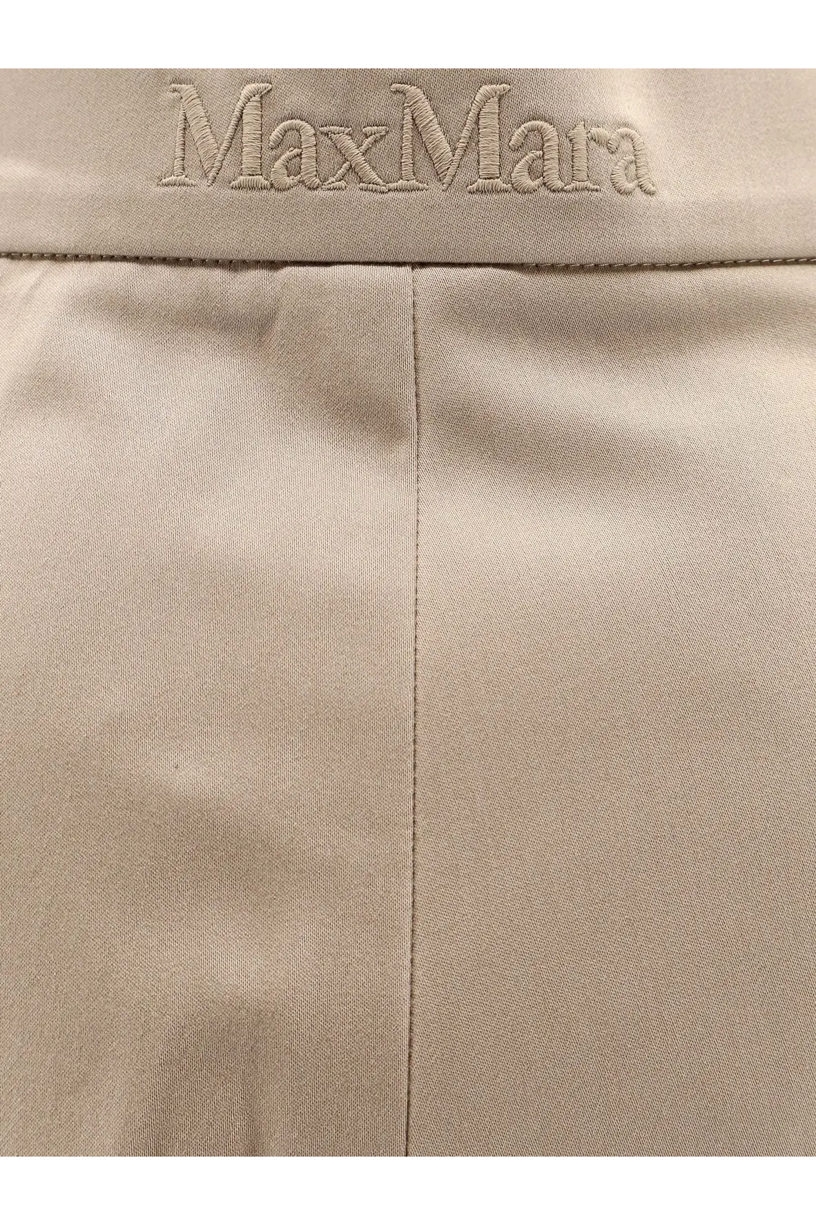 Beige max mara trousers with subtle embroidered branding at waistband stretch cotton for comfortable wear