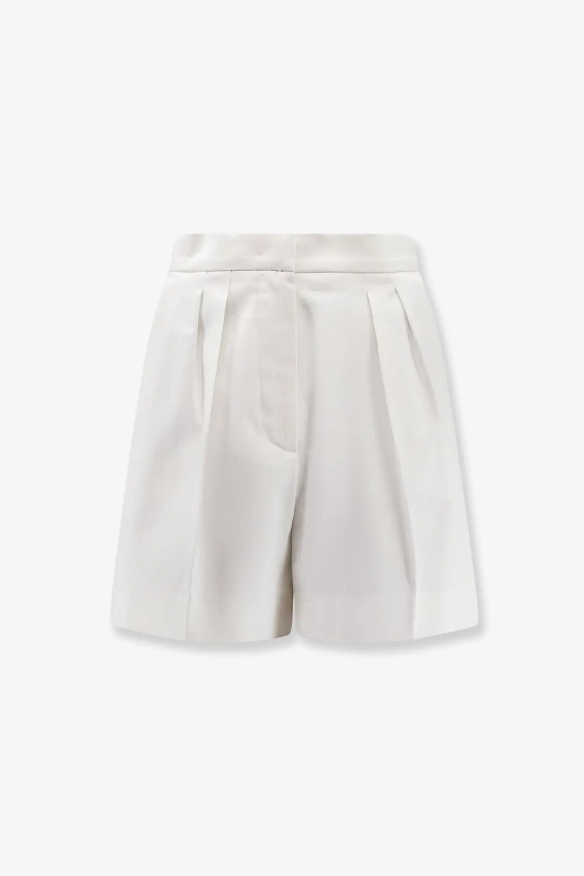 Max Mara women’s tabacco stretch cotton white shorts with white pleated legs and a smooth tailored waistband