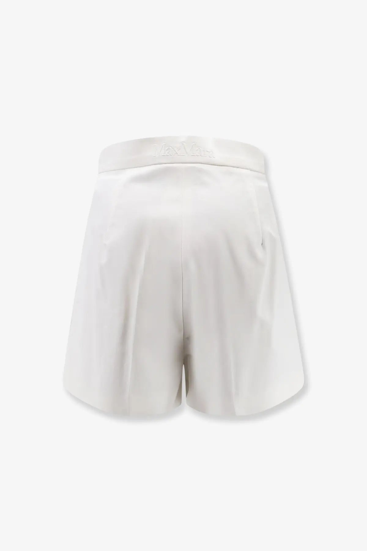 Max Mara women’s white satin shorts with sleek pleated design and elastic waistband featuring subtle branding