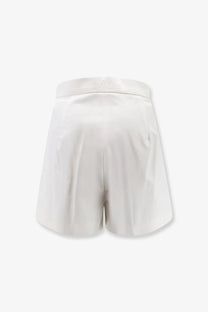 Max Mara women’s white satin shorts with sleek pleated design and elastic waistband featuring subtle branding