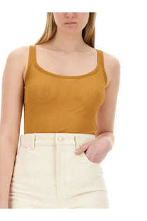 Max Mara women’s tank top Bastia beige mustard yellow ribbed fabric square neckline thin straps summer wear