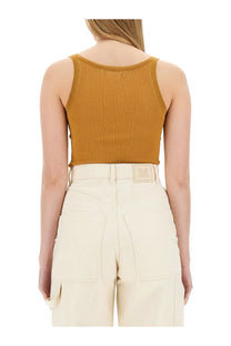 Max Mara women’s ribbed sleeveless crop top in mustard yellow with rounded neckline made of soft breathable fabric