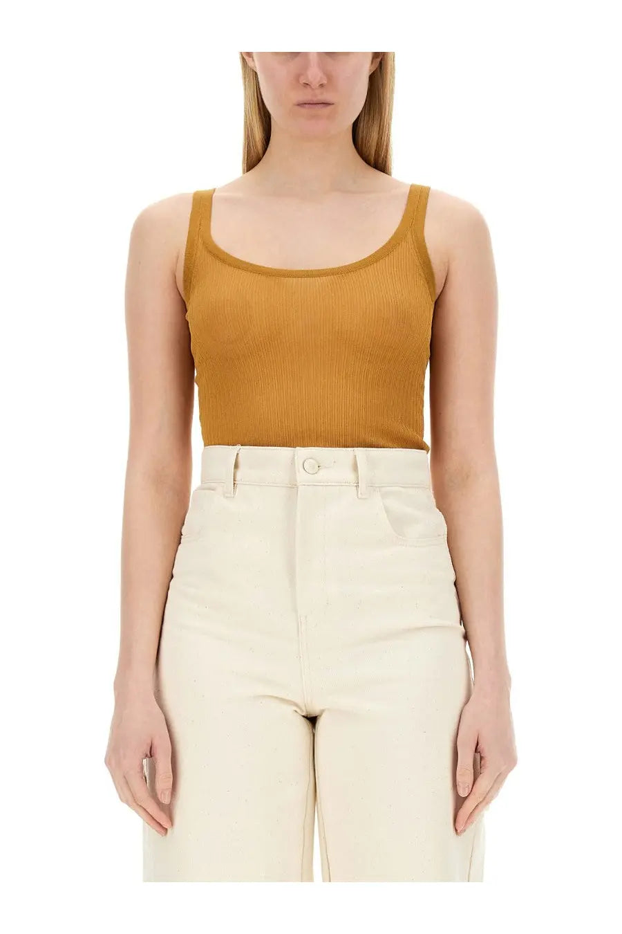Max Mara women’s ribbed tank top Bastia in mustard yellow with thin straps and rounded neckline