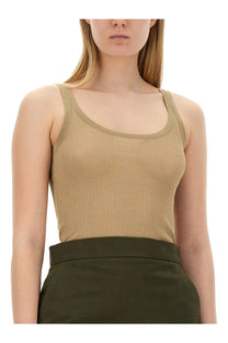 Beige ribbed knit tank top with thin straps and rounded neckline from Max Mara Womens Bastia multicolor collection
