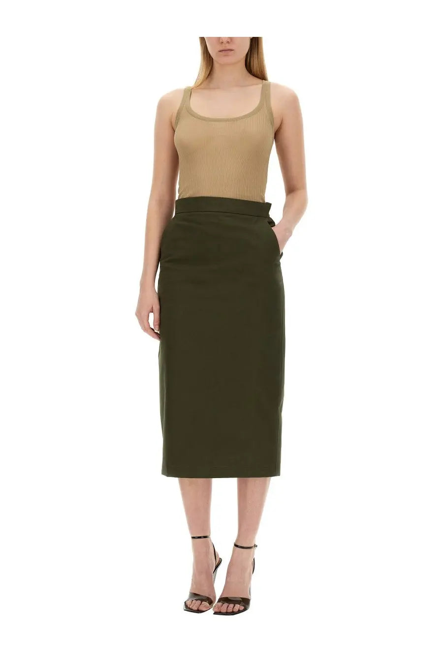 Olive green high-waisted pencil skirt paired with max mara women’s multicolor bastia tank top for a stylish look