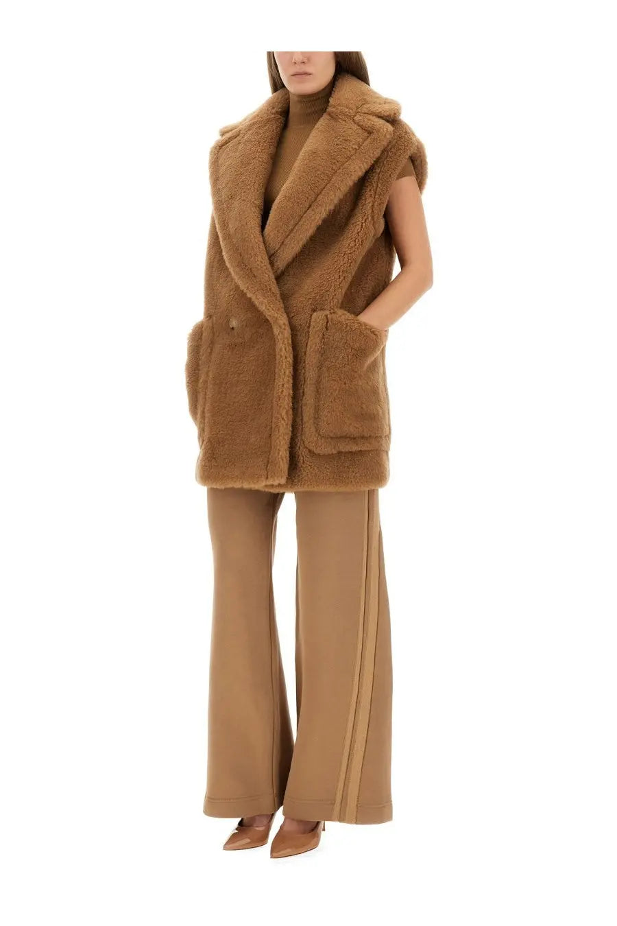 Max mara women’s teddy bear vest breda1234 beige plush camel-colored shearling double-breasted with patch pockets