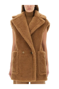 Max mara women’s teddy bear vest breda1234 beige tan faux fur sleeveless vest with plush texture and structured collar