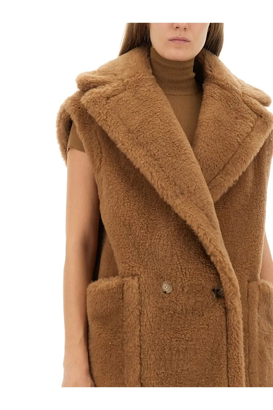 Max Mara women’s teddy bear vest Breda1234 beige tan faux fur sleeveless with wide plush collar and front button closure