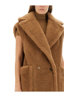 Max Mara women’s teddy bear vest Breda1234 beige tan faux fur sleeveless with wide plush collar and front button closure