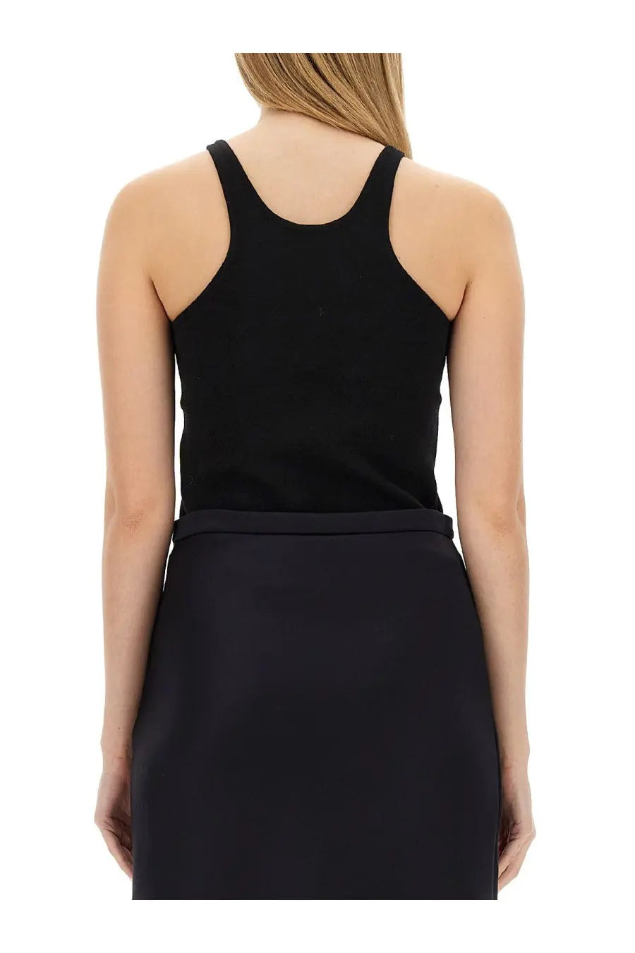 Max mara women’s black ribbed knit tank top with wide shoulder straps and rounded neckline alfeo style