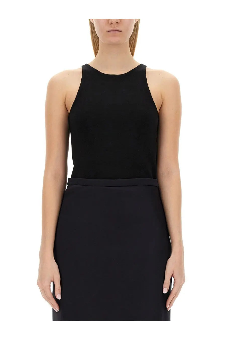 Max Mara women’s top Alfeo black sleeveless fitted dress with high neckline and smooth structured fabric