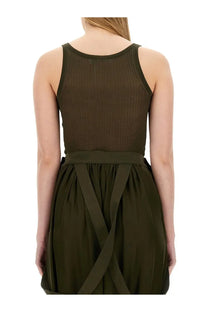 Olive green ribbed knit sleeveless top with matching wide belt tied in an x-shape at the back by max mara