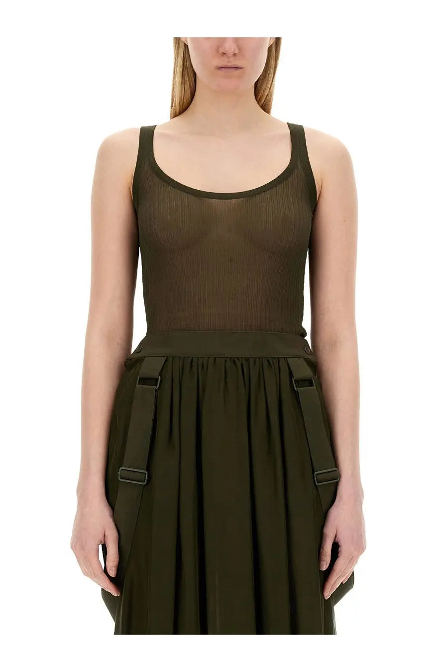 Max Mara women’s olive green sheer ribbed tank top with matching wide belt and side straps in Bastia green color