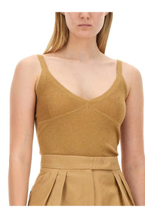 Max mara women’s top gallura beige mustard yellow ribbed knit camisole with thin straps and v-neckline
