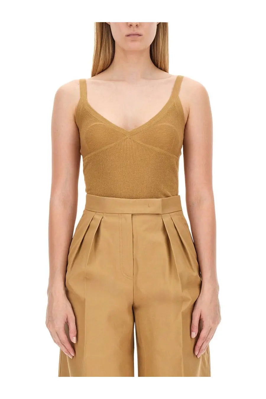 Tan ribbed knit camisole with thin straps and matching high-waisted pleated pants from Max Mara Women’s Top Gallura Beige set