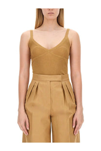 Tan ribbed knit camisole with thin straps and matching high-waisted pleated pants from Max Mara Women’s Top Gallura Beige set