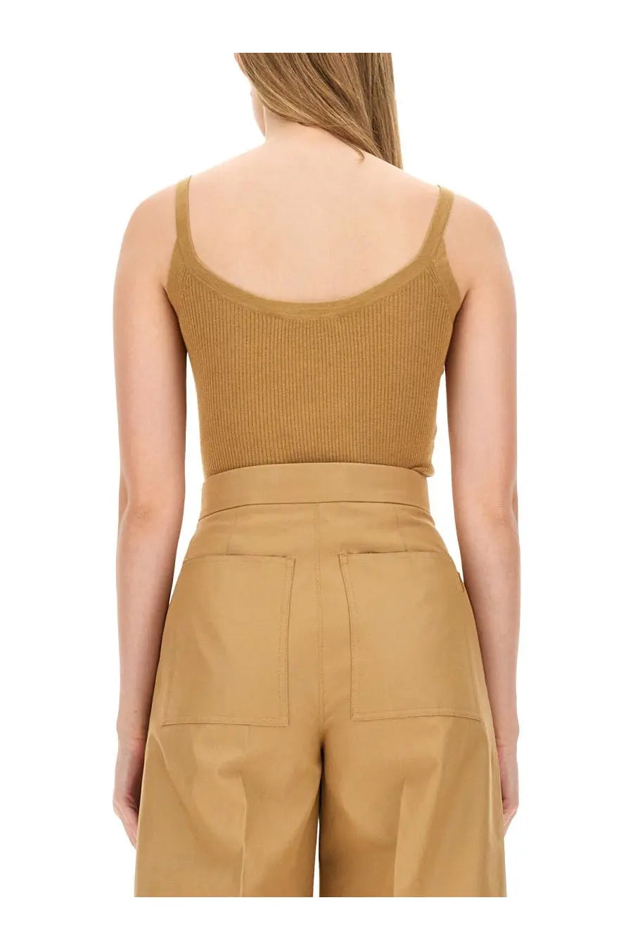 Tan ribbed knit tank top with thin straps and rounded neckline from Max Mara womens top Gallura beige