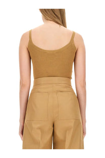 Tan ribbed knit tank top with thin straps and rounded neckline from Max Mara womens top Gallura beige