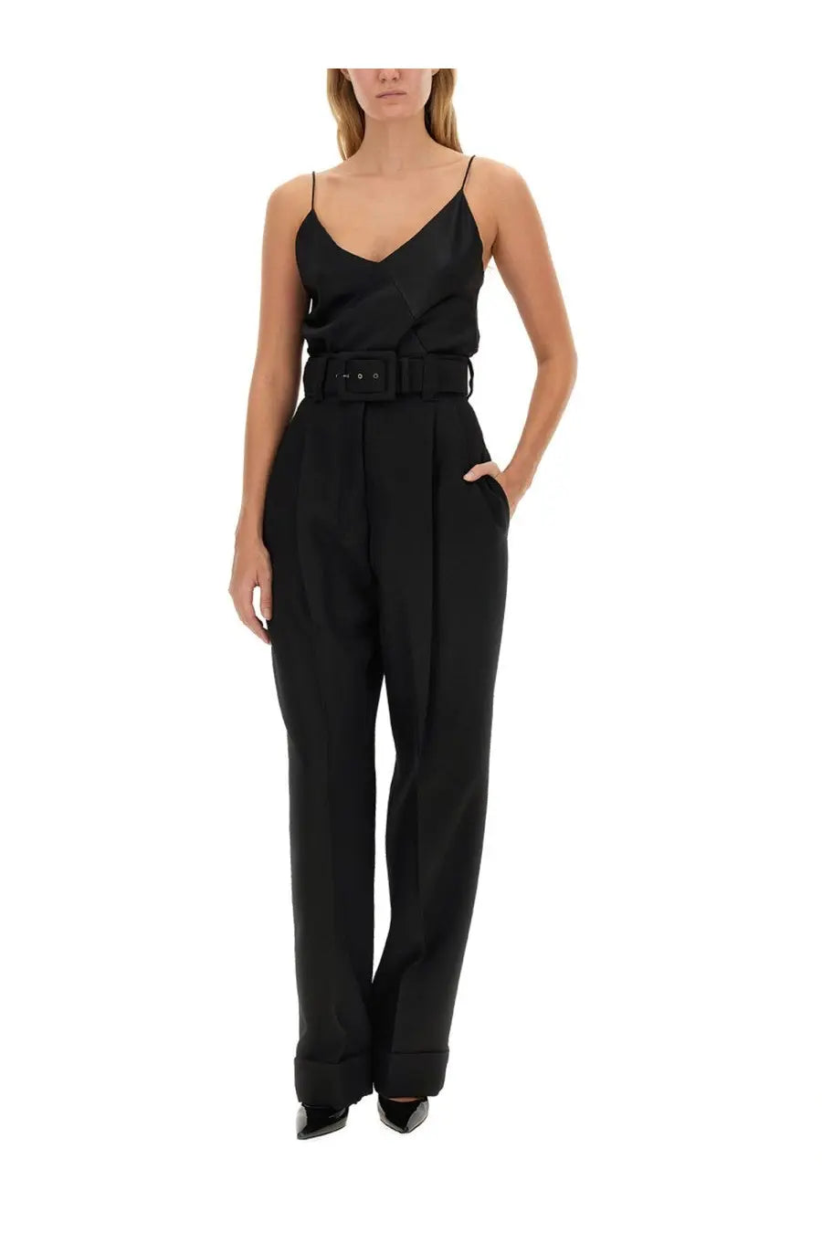 Max Mara women’s top metello piano black black satin slip jumpsuit with wide belt and pleated trousers