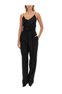 Max Mara women’s top metello piano black black satin slip jumpsuit with wide belt and pleated trousers