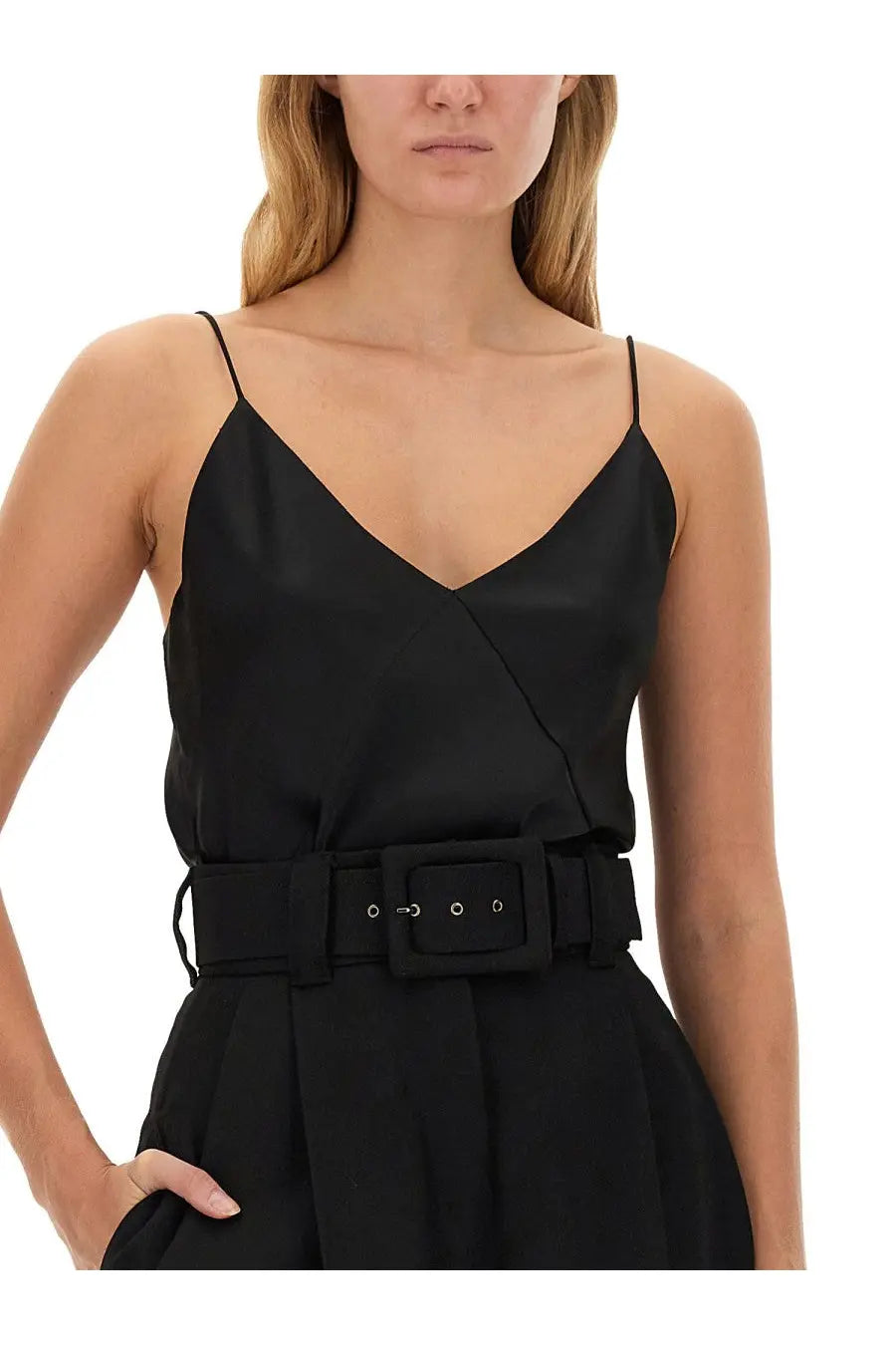 Max Mara women’s top Metello piano black satin wrap dress with thin spaghetti straps and wide belt with rectangular buckle