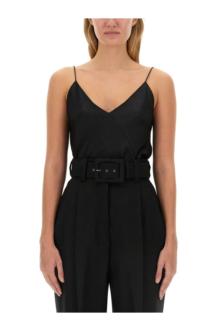Max Mara women’s top Metello piano black black satin wrap jumpsuit with wide belt and rectangular buckle
