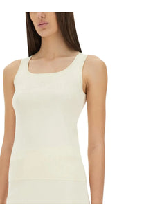 Max mara women’s top pot white cream-colored form-fitting knit tank top with square neckline and thin straps front view