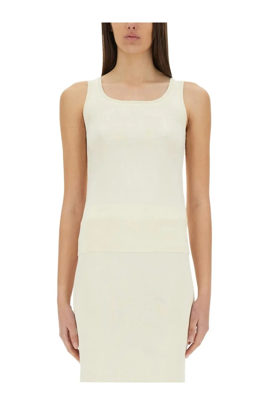 Cream-colored sleeveless knit dress with square neckline and fitted silhouette from max mara womens top pot white collection