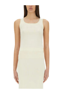 Cream-colored sleeveless knit dress with square neckline and fitted silhouette from max mara womens top pot white collection