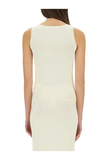 Cream-colored sleeveless knit top with fitted silhouette and horizontal seam detail from Max Mara Women’s Top Pot White collection