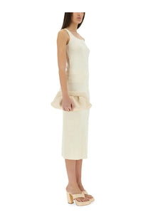 Max Mara women’s cream-colored sleeveless midi dress with ruffled hemline in top pot white fabric