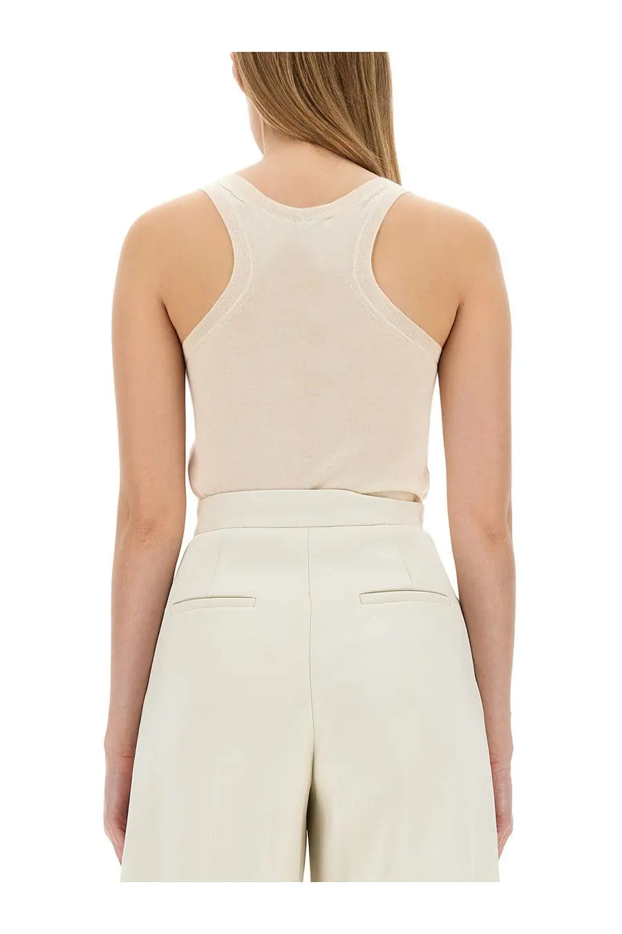 Max mara women’s beige sleeveless top with rounded neckline and cut-out shoulder straps perfect for summer wear