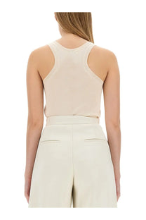 Max mara women’s beige sleeveless top with rounded neckline and cut-out shoulder straps perfect for summer wear