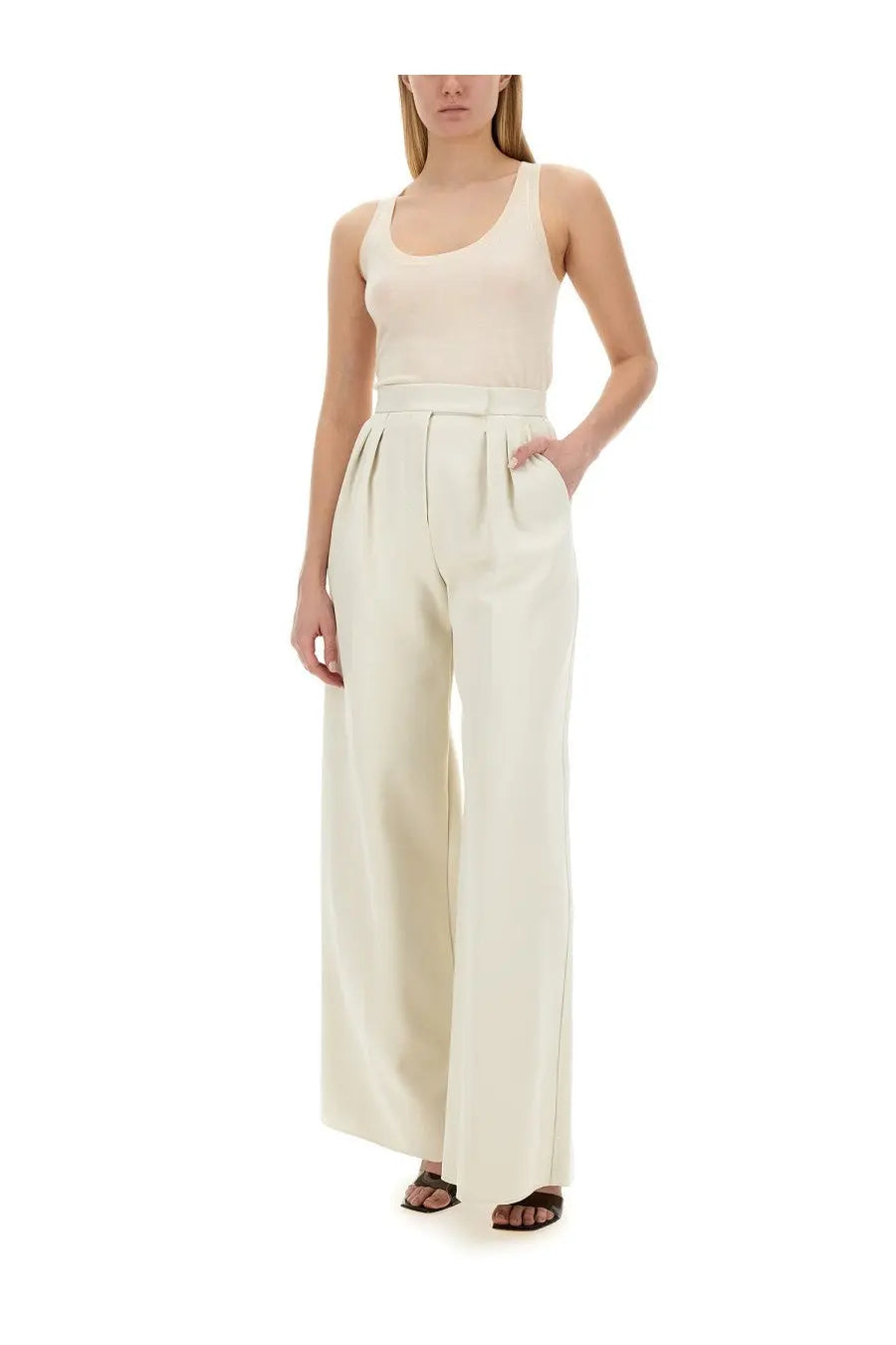 Cream-colored high-waisted wide-leg trousers with tailored fit and pleated waistband from max mara women’s top subscription white