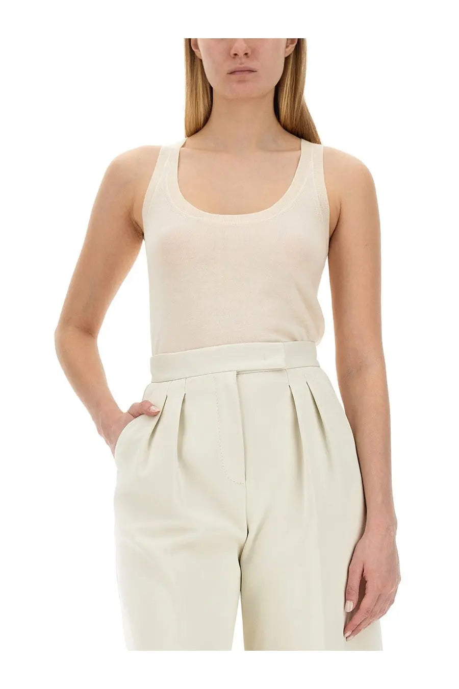 Max Mara women’s cream-colored sleeveless tank top with soft smooth texture and wide rounded neckline