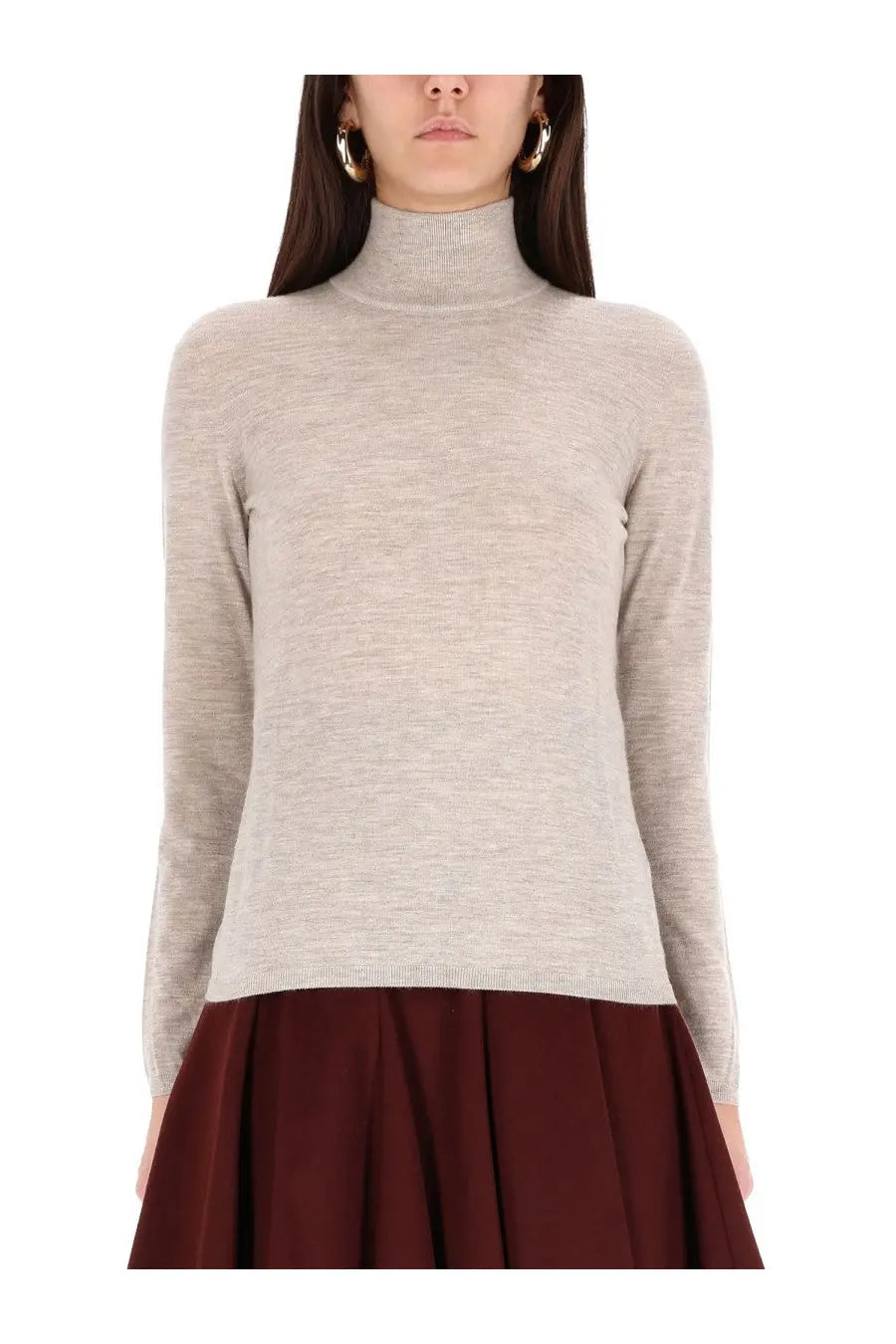 Max mara women’s turtleneck sweater meana beige soft heathered fine knit texture in beige color
