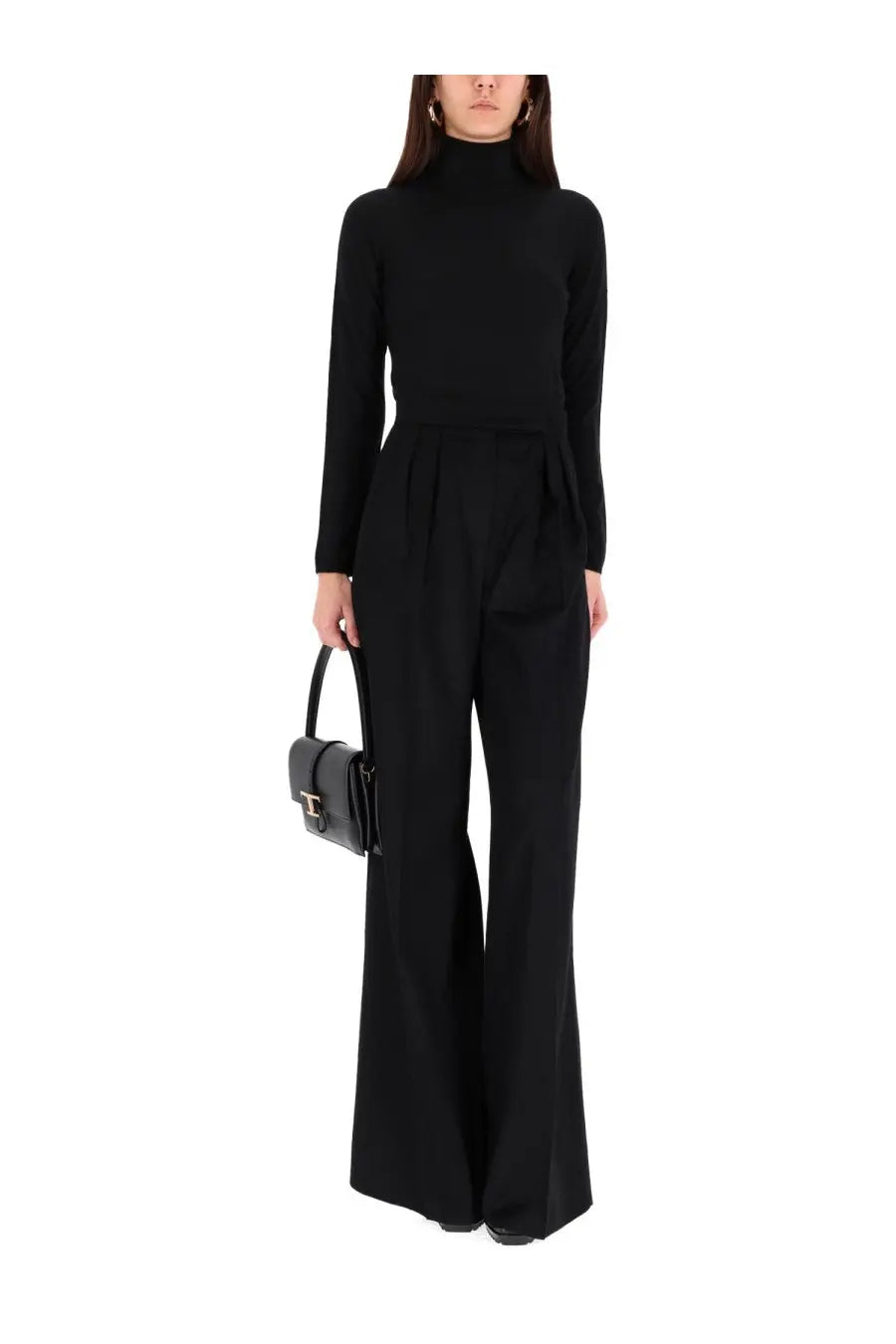 Black leather handbag with structured rectangular shape and prominent metallic clasp for max mara women turtleneck sweater meana black
