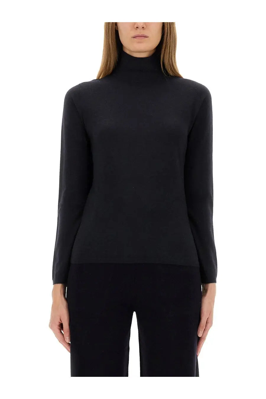 Black high-neck long-sleeved knit top by max mara featuring a turtleneck design in a blue tone