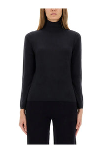 Black high-neck long-sleeved knit top by max mara featuring a turtleneck design in a blue tone