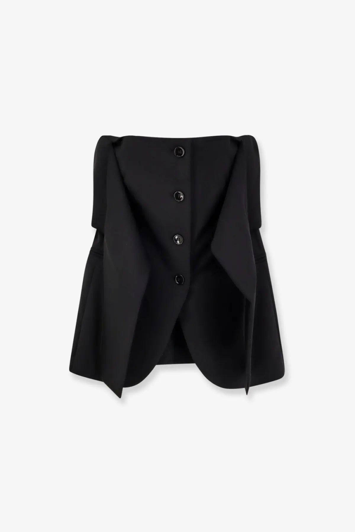 Black structured virgin wool mini skirt by Max Mara with front button closure and asymmetrical draped panels