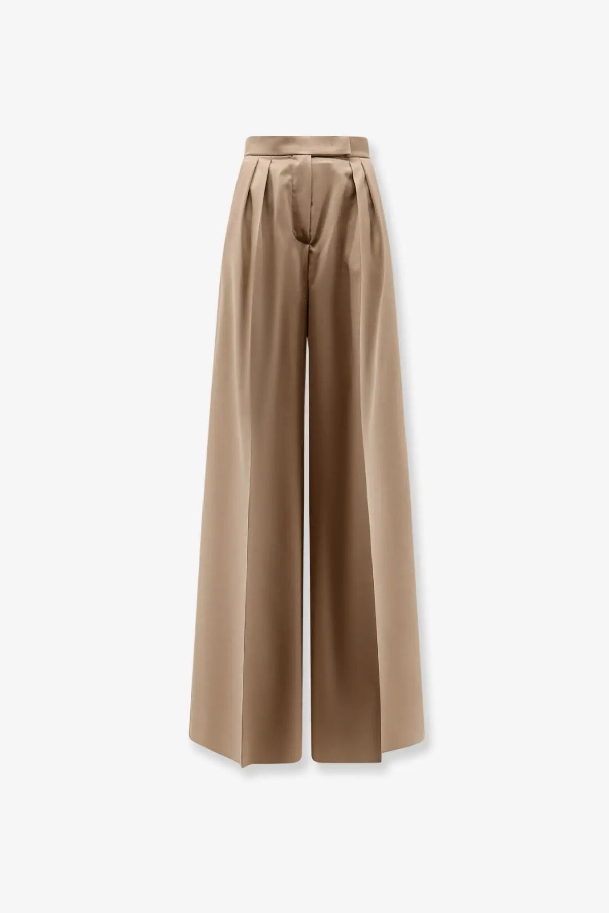 Max Mara women’s virgin wool beige high-waisted wide-leg trousers with pleated front and tailored fabric