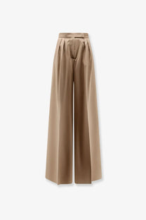 Max Mara women’s virgin wool beige high-waisted wide-leg trousers with pleated front and tailored fabric