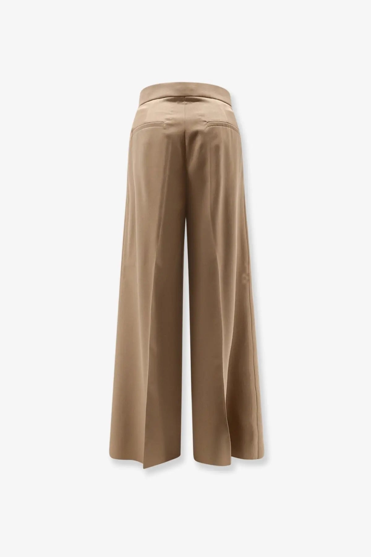Beige wide-leg Max Mara women’s virgin wool trousers with a smooth satin finish and high waistband