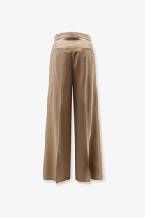 Beige wide-leg Max Mara women’s virgin wool trousers with a smooth satin finish and high waistband