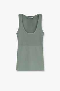 Max Mara women’s ribbed sage green viscose blend sleeveless tank top with scoop neckline